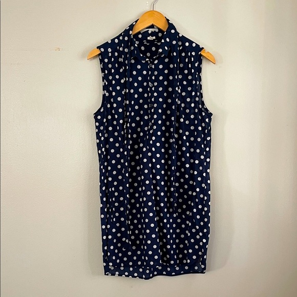 J.Crew Blue White Polka Dot Cotton Tunic Shirt M Sleeveless Belted Pockets - Picture 2 of 8